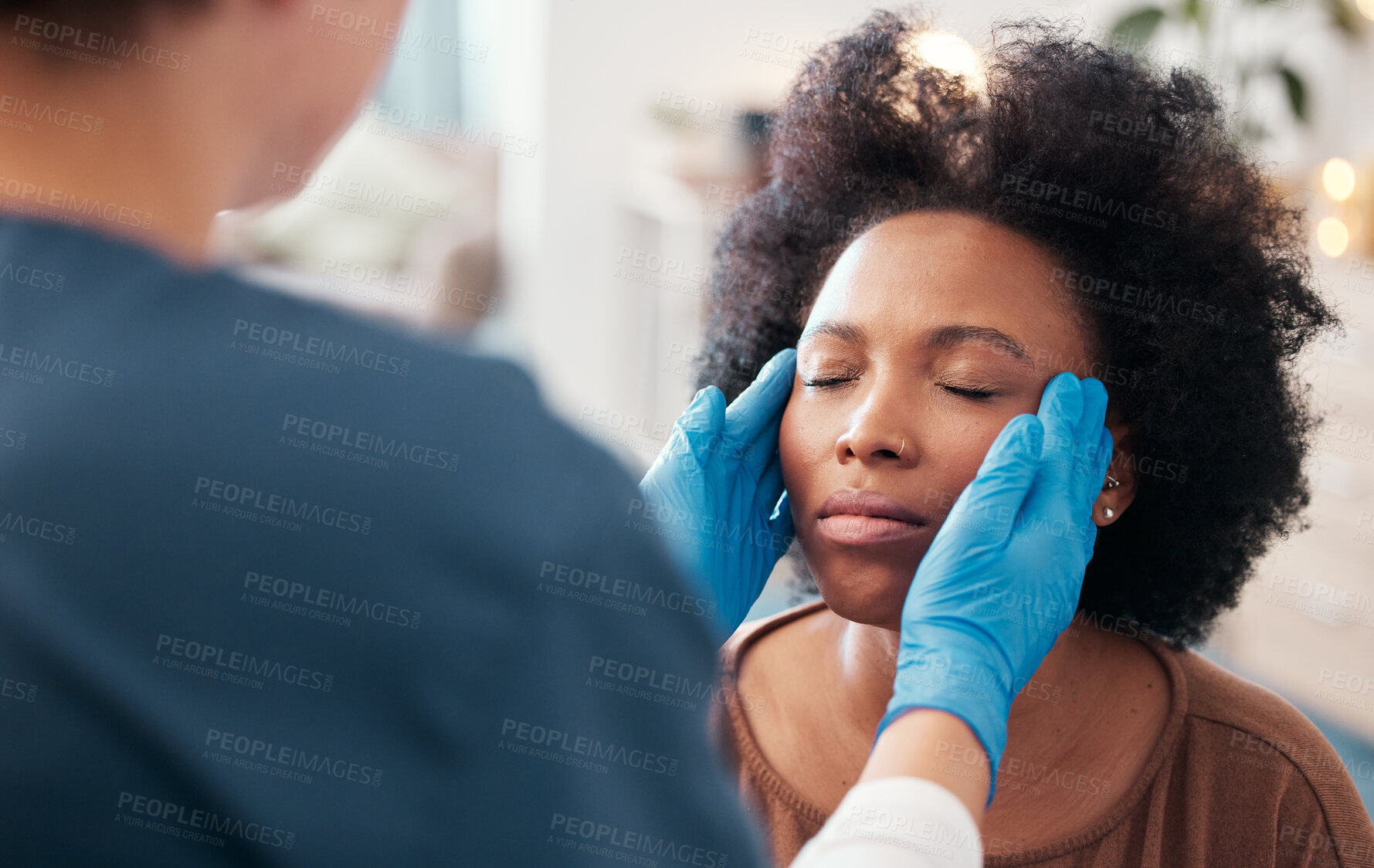 Buy stock photo Healthcare, facial consultation and doctor with patient consulting for plastic surgery. Medical, cosmetology and black woman with a surgeon for a cosmetic treatment in a hospital or medicare clinic.