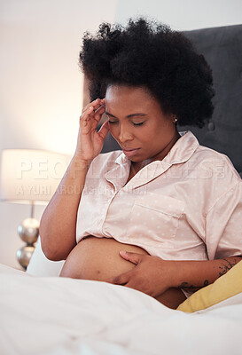 Buy stock photo Pregnant, headache and black woman with depression, bedroom and stress with cramps, frustrated and healthcare. Pregnancy, African American female and lady with anxiety, mental health and discomfort