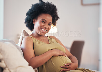 Buy stock photo Pregnant, love and portrait of black woman on sofa in home with hope and care for unborn baby. Pregnancy, prenatal motherhood and future mama relax in living room and touching belly for infant health