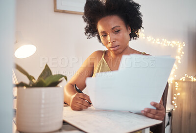 Buy stock photo Trading, invoice and black woman writing a budget, working on tax and home accounting. Finance, loan and African girl with documents for payment, contract and entrepreneurship business investment