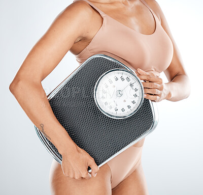 Buy stock photo Lose weight, woman or scale for body measurement, diet or healthcare wellness management on isolated studio background. Model, lingerie or underwear for nutrition, workout progress or fitness results