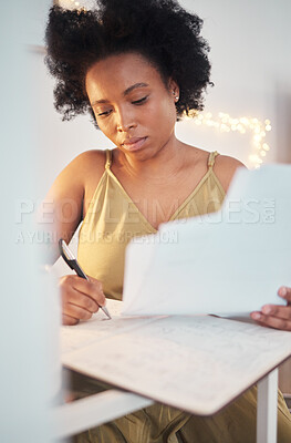 Buy stock photo Planning, paperwork and black woman writing a budget, working on tax and home accounting. Finance, loan and African girl with documents for payment, contract and entrepreneurship business investment