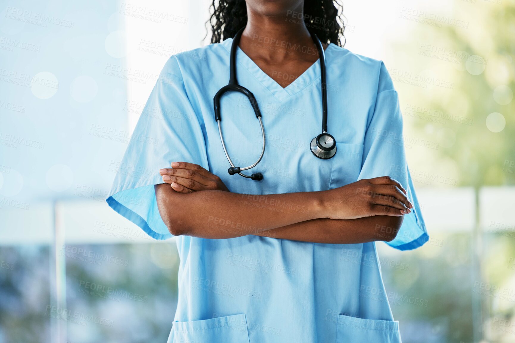 Buy stock photo Black woman, doctor and stethoscope with arms crossed of healthcare consultant, advise or insurance outside. Hands of confident African American female medical expert or nurse in health and wellness