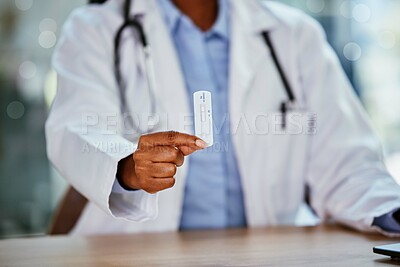 Buy stock photo Covid 19, antigen test and doctor hand for healthcare, compliance or insurance in hospital office bokeh. Pharmacy, clinic and professional black woman or medical expert product for corona virus exam