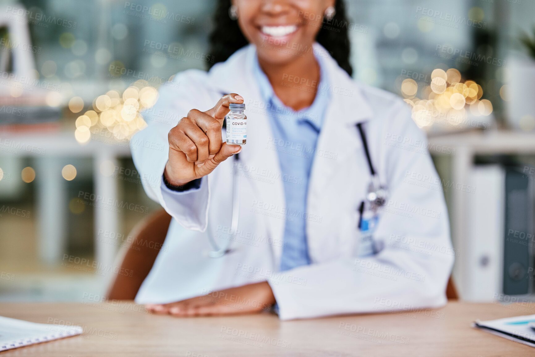 Buy stock photo Covid 19, vaccine and doctor hand for healthcare solution, compliance and happy insurance in office bokeh. Hospital, clinic and black woman for corona virus, vaccination bottle or product background