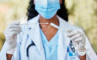 Buy stock photo Woman, doctor and hands with nasal swab, mask and gloves holding covid flu test, DNA or sample. Hand of female medical expert with cotton stick for testing, examine or experiment in cure for illness