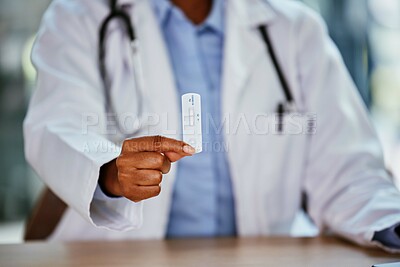 Buy stock photo Covid, antigen test and doctor hand for healthcare, compliance or insurance in hospital office bokeh. Pharmacy, clinic and professional black woman or medical expert product for corona virus exam