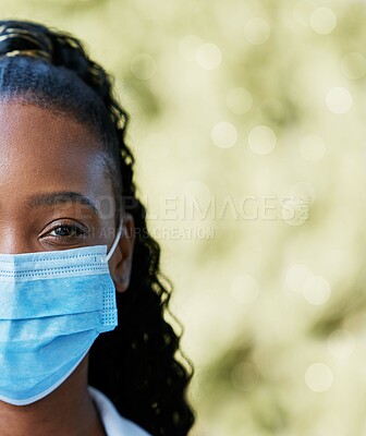 Buy stock photo Covid, nurse and portrait at hospital with mask for compliance, safety and healthcare on bokeh mockup background. Face, corona and female health expert at clinic for help, goal and innovation outside