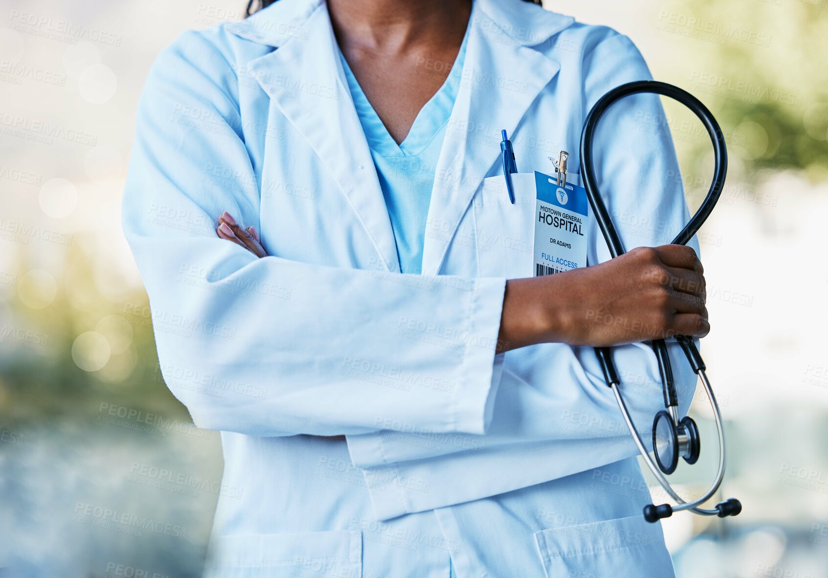 Buy stock photo Doctor woman, stethoscope and cardiology healthcare, health insurance and medical care for wellness. Hands of medicine professional as expert in heart healing with pride for development and advice