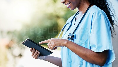 Buy stock photo Black woman, doctor and tablet with smile for communication, research or 5G connection in the outdoors. Hands of African American female medical expert or nurse browsing on touchscreen for schedule