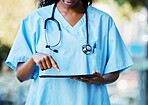 Doctor hands, tablet technology and medical research, healthcare software and hospital management app. Nurse black woman or expert person on digital tech services for clinic data analysis or results