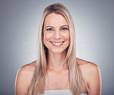 Buy stock photo Woman, portrait and smile with hair and beauty, hairstyle cosmetic care and glow isolated on studio background. Makeup, natural cosmetics and keratin treatment, dermatology and shine with skincare