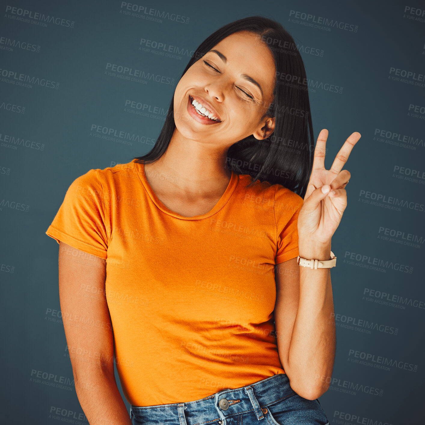 Buy stock photo Happy woman with smile, peace hand sign and Gen z youth, freedom and fashion isolated on studio background. Happiness, mindset and v emoji, beauty with young person, eyes closed and care free