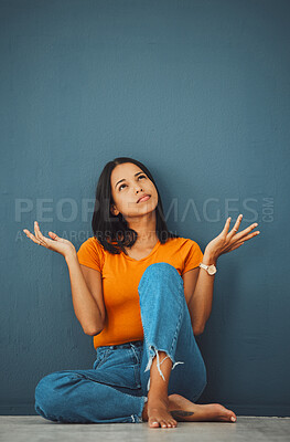 Buy stock photo Woman, thinking and question why in studio for doubt, ideas and decision on mockup background. Confused female model with shrugging, brainstorming and vision mindset of solution, choice and thoughts 