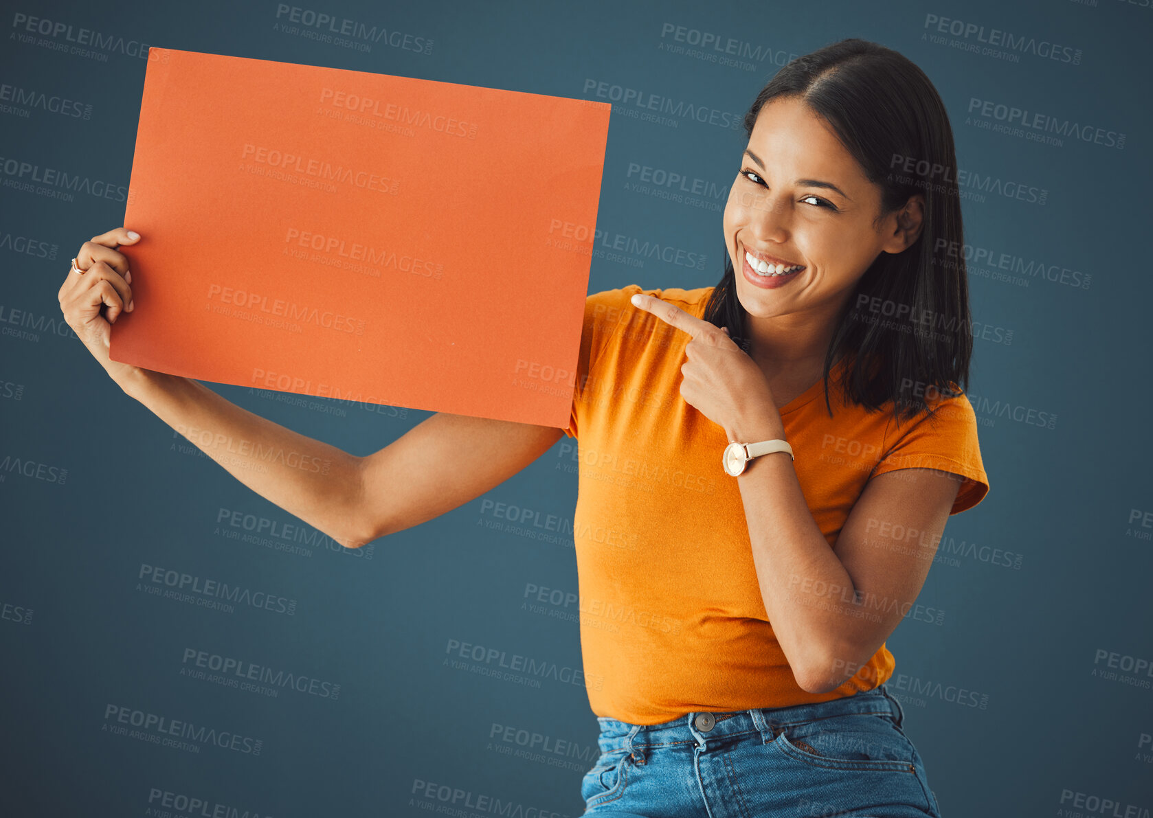 Buy stock photo Woman, poster or banner portrait with mockup space for sale, discount or promotion. Happy model pointing hand advertising product placement, logo or brand billboard on paper sign on blue background