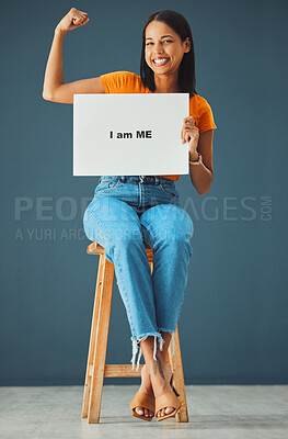 Buy stock photo Portrait, poster and black woman with strong arm pose in studio for body positivity, acceptance or self love on grey background. Billboard, banner and girl advertising confidence, empowered and proud