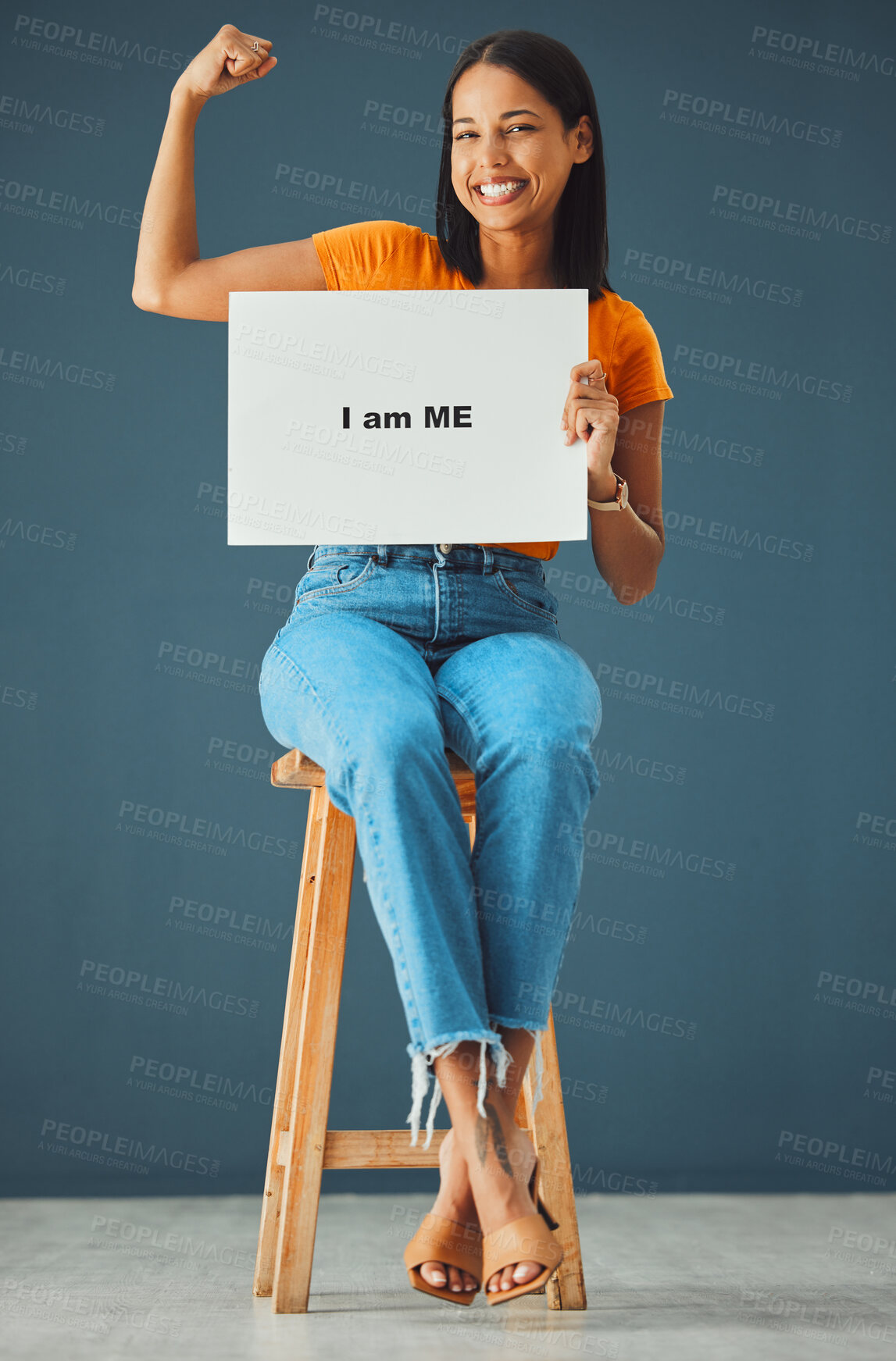 Buy stock photo Portrait, poster and black woman with strong arm pose in studio for body positivity, acceptance or self love on grey background. Billboard, banner and girl advertising confidence, empowered and proud