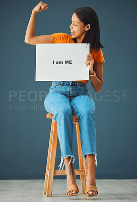 Buy stock photo Strength, poster and black woman with strong arm pose in studio for body positivity, acceptance or self love on grey background. Billboard, banner and girl advertising confidence, empowered and proud