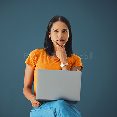 Buy stock photo Thinking, laptop and woman in studio with emoji, gesture and contemplating against grey background. Idea, girl and contemplation while online for advertising, mockup and space while posing isolated