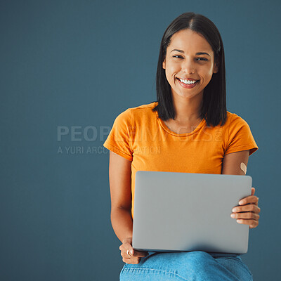 Buy stock photo Laptop, woman and smile in portrait with mockup space, communication and technology isolated on studio background. Email, blog and copywriting with writer, happy person and connectivity with website