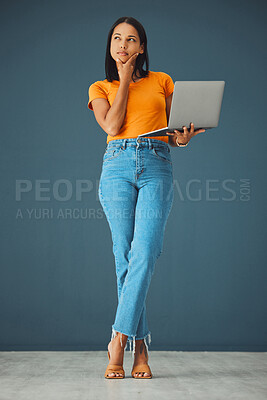 Buy stock photo Laptop, thinking and woman in studio with emoji and gesture as a student against grey background. Idea, girl and contemplation while online for advertising, mockup and space while posing isolated