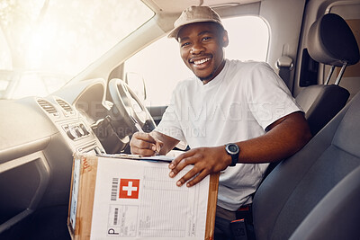 Buy stock photo Delivery, box and portrait of courier man in car with checklist for ecommerce, orders and package. Logistics, cargo and happy guy driver with clipboard for parcel, online shopping and transportation