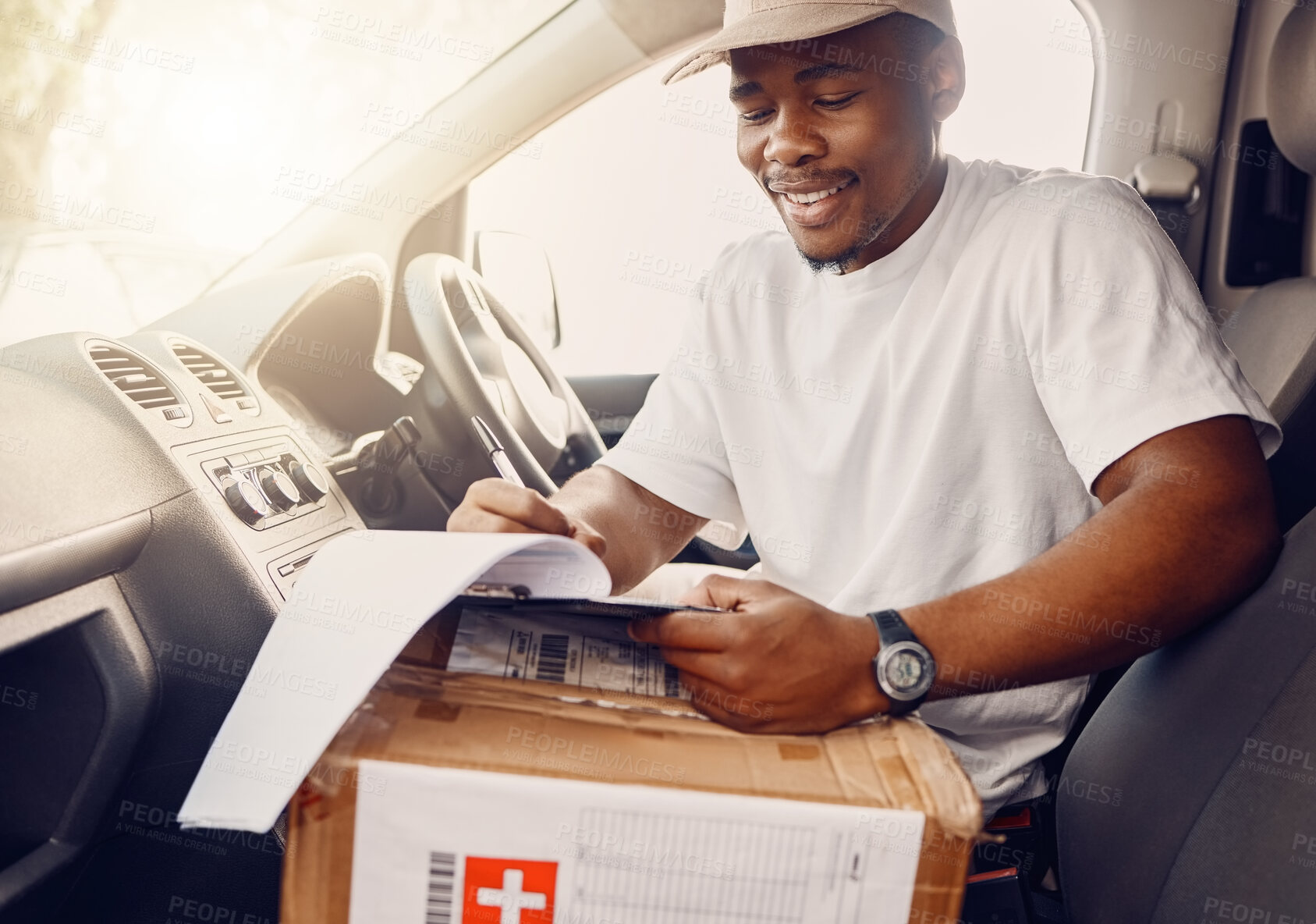 Buy stock photo Delivery, box and courier man in a car with checklist for ecommerce, orders and package, happy and smile. Logistics, cargo and guy driver with clipboard for parcel, online shopping and transportation