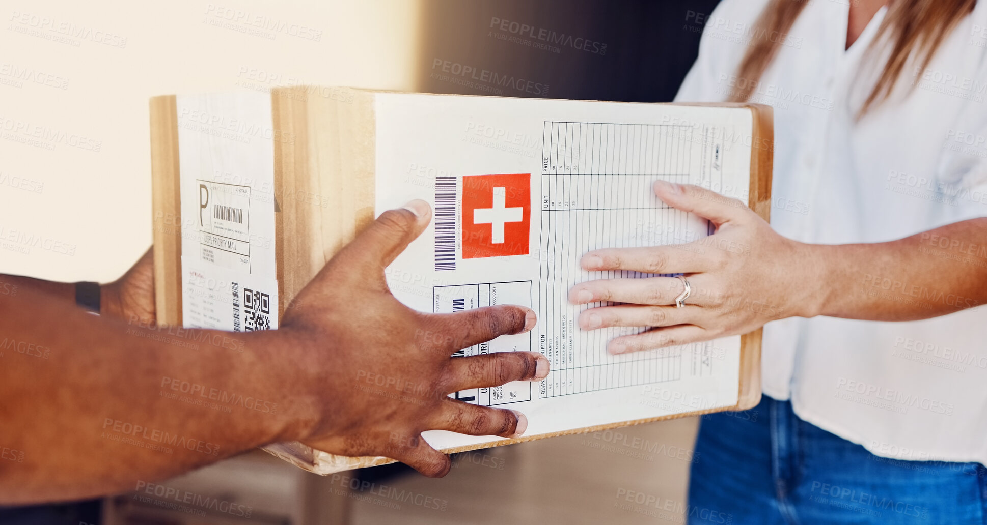 Buy stock photo Delivery, box and hands of courier man with a customer for ecommerce, orders and online shopping package. Hand, person and guy giving woman parcel, goods or retail product at the door of her home