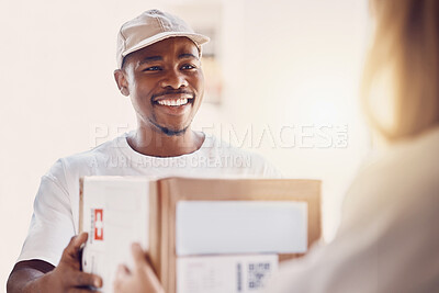 Buy stock photo Happy, delivery and box with man courier and customer for ecommerce, order and online shopping package. Smile, guy and woman with parcel, product and retail package with friendly service at her home