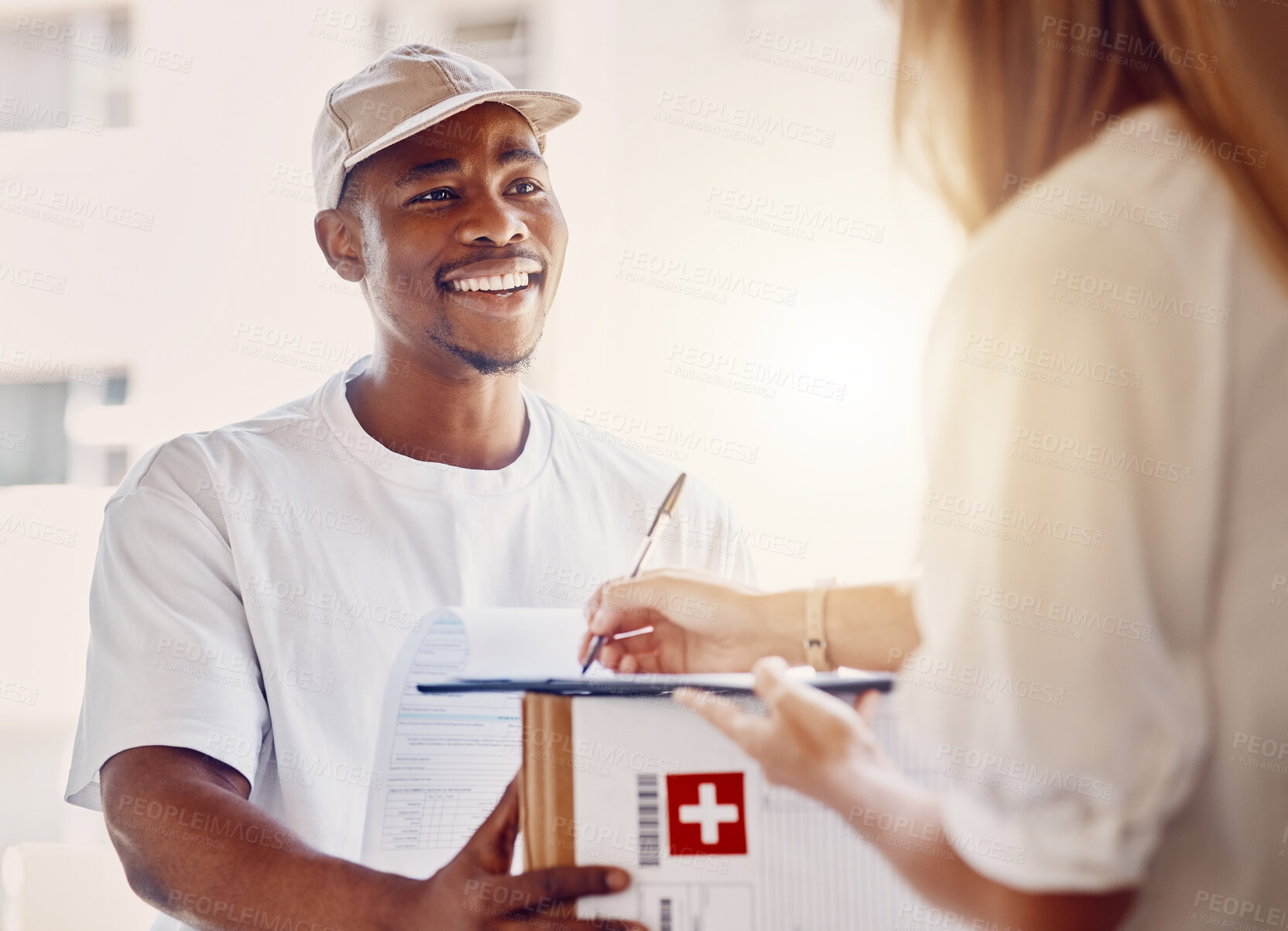 Buy stock photo Delivery, sign and man with a box for a customer for an online order or ecommerce shopping. Happy, smile and African courier driver giving a parcel or package to a woman for signage at her front door