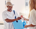 Healthcare, delivery and supply with a courier black man making a delivery to a woman in her home. Medical, shipping and service with a male in a house to deliver a package to a female customer