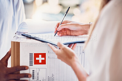 Buy stock photo Delivery, signature and box parcel for a customer for an online order or ecommerce medicine shopping. Cargo, shipping and courier driver giving a medical package to a woman for signage at front door.