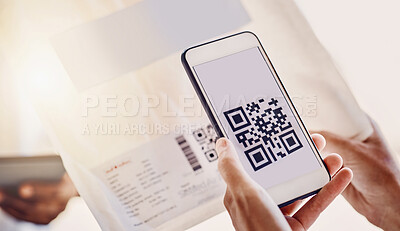 Buy stock photo QR code, delivery and phone screen for payment, package distribution and invoice. Mobile connection, barcode and courier shipping from online shopping, supply chain and easy digital fintech logistics