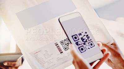Buy stock photo QR code, customer delivery and phone for digital logistics, paperless distribution or invoice. Mobile connection, barcode and courier package from online shopping, supply chain and shipping service