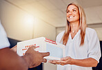 Customer, medicine or receiving courier box in house or home from medical supply chain, logistics or healthcare ecommerce. Smile, happy or woman and deliveryman parcel, retail pills or wellness cargo