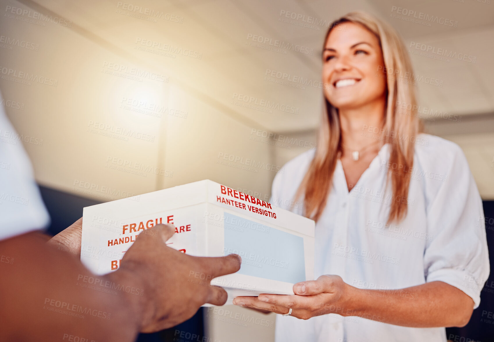 Buy stock photo Customer, medicine or receiving courier box in house or home from medical supply chain, logistics or healthcare ecommerce. Smile, happy or woman and deliveryman parcel, retail pills or wellness cargo