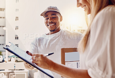 Buy stock photo Black man, clipboard or customer signing for delivery, courier parcel or cardboard box package in house or home. Smile, happy or logistics worker and paper documents for woman, shipping or post order
