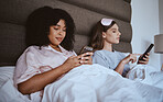 Friends, sleepover and phone with women in bed for communication, internet and contact. Happy, relax and connection with girl lying in bedroom with technology, digital streaming and social media