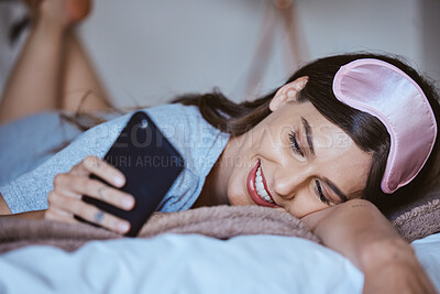 Buy stock photo Video call, phone and in love with woman in bedroom for communication, internet and contact. Happy, relax and smile with girl reading text message with technology, online dating and social media
