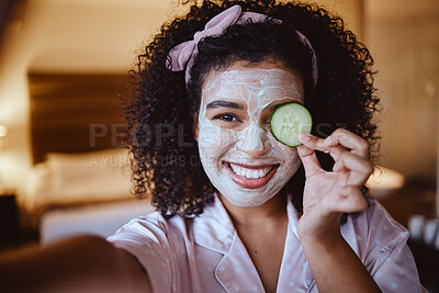 Buy stock photo Portrait, selfie and cucumber with woman for mask, happy and smile with facial, skincare or grooming in bedroom. Face, fruit and photo by girl relax with raw, vegan and eco product for skin detox