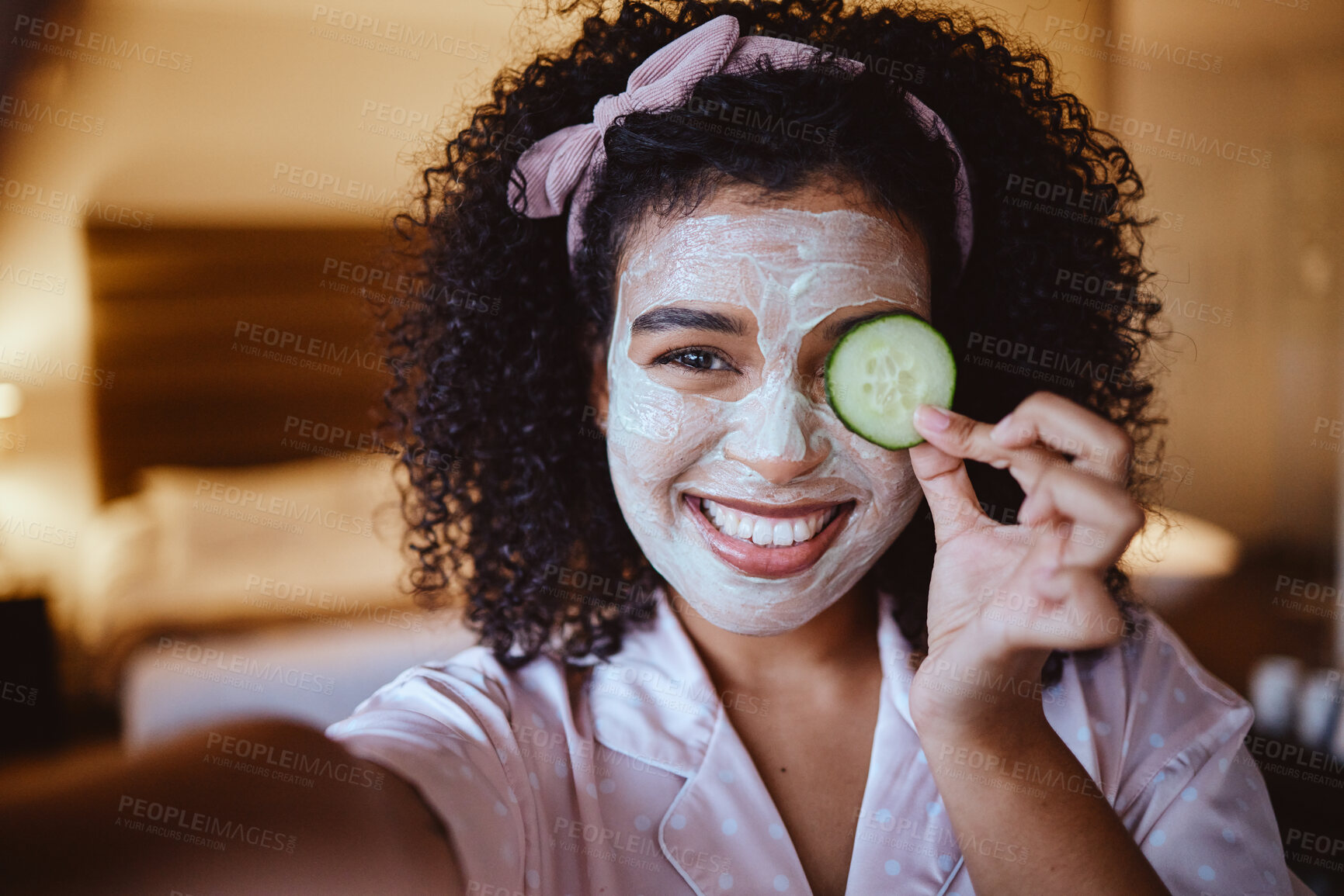 Buy stock photo Portrait, selfie and cucumber with woman for mask, happy and smile with facial, skincare or grooming in bedroom. Face, fruit and photo by girl relax with raw, vegan and eco product for skin detox