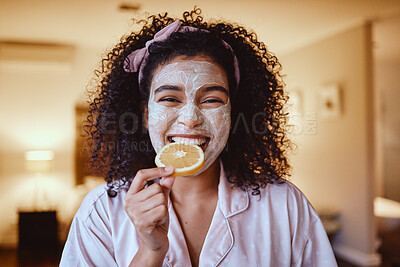 Buy stock photo Orange, skincare and portrait of woman eating in bedroom for wellness, grooming or facial. Fruit, face and girl relax with citrus, natural and skin, detox and diet, happy and smile for vitmain c