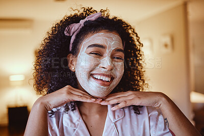 Buy stock photo Black woman, afro and skincare mask in portrait, home bathroom or dermatology spa in healthcare, wellness or face grooming. Happy smile, facial and cream product in beauty cleaning or acne treatment