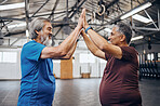 Elderly men, gym and high five for fitness, teamwork motivation and diversity with friends happiness. Senior training partnership, asian and black man for mma workout, exercise and team building goal