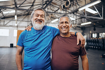 Buy stock photo Senior men smile, gym portrait and teamwork motivation for diversity, friends hug or happiness for wellness. Elderly fitness partnership, asian and black man at mma workout, exercise or team building