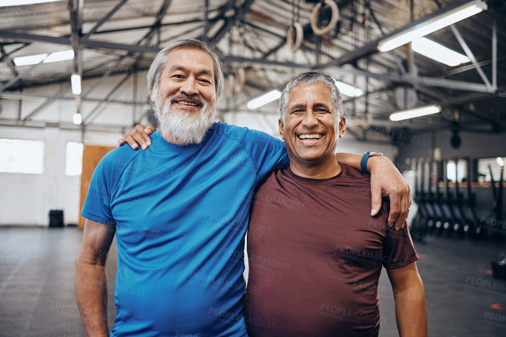 Buy stock photo Senior men smile, gym portrait and teamwork motivation for diversity, friends hug or happiness for wellness. Elderly fitness partnership, asian and black man at mma workout, exercise or team building