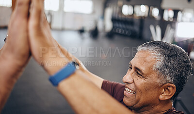 Buy stock photo Senior man, high five and exercise in gym, smile and achievement for workout goal and target. Mature male, athlete and gesture for celebration, winning and fitness with support, happiness or wellness