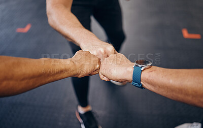 Buy stock photo Group fist bump, hands and gym for motivation with personal trainer for health, wellness or training with smartwatch. Team, workout or exercise for fitness goal, muscle development or body healthcare