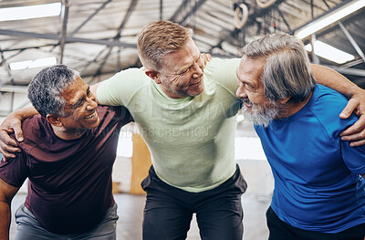 Buy stock photo Happy, hug or mature men in workout gym, training exercise or healthcare wellness in success celebration. Smile friends, elderly or embrace in fitness teamwork, collaboration or diversity community