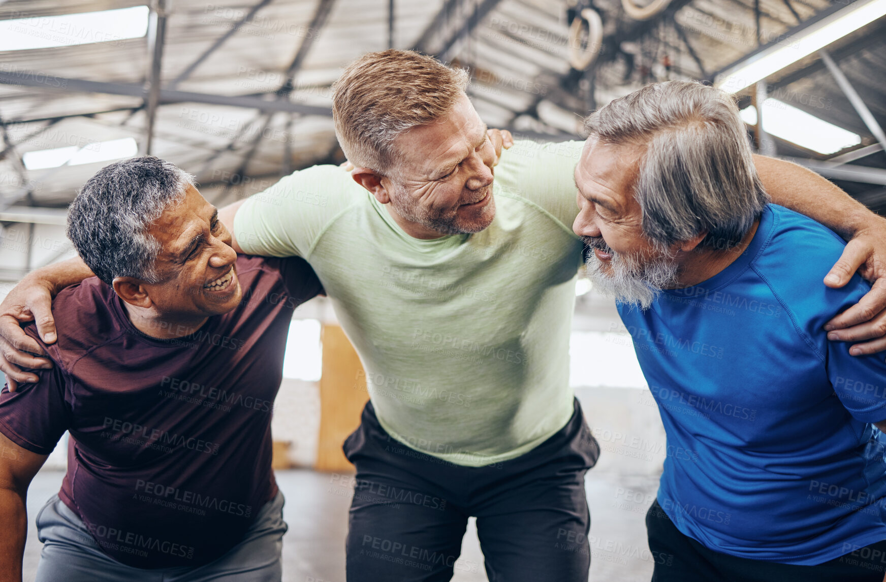 Buy stock photo Happy, hug or mature men in workout gym, training exercise or healthcare wellness in success celebration. Smile friends, elderly or embrace in fitness teamwork, collaboration or diversity community